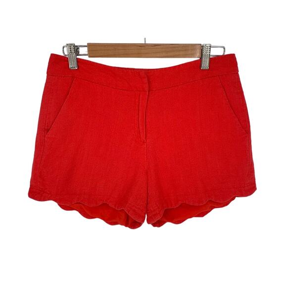 Cynthia Rowley Linen Chino Shorts Scalloped Hem Bright Red Summer Beach Vacay 4 - Picture 1 of 11